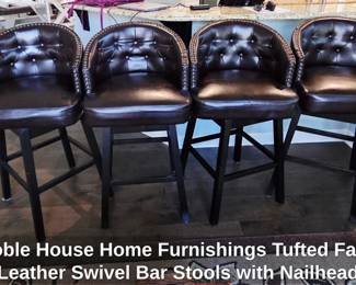 Noble House Home Furnishings Tufted Faux Leather Swivel Bar Stools with Nailhead Trim Set of 