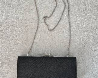 Black Textured Clutch with Crystal Bow Clasp