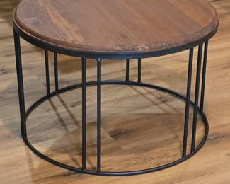 Round Industrial Coffee Table with Wood Top and Black Metal Cage Base