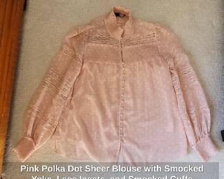 Pink Polka Dot Sheer Blouse with Smocked Yoke, Lace Insets, and Smocked Cuffs