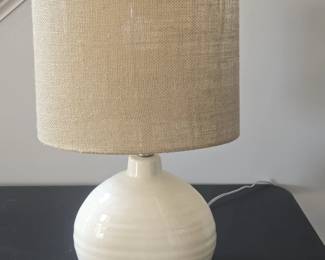 Cream Ceramic Table Lamp with Horizontal Ribbing and Burlap Shade