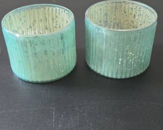 Set of Two Distressed Seafoam Green Mercury Glass Votive Holders and Two Clear Glass Figurines Angel and Rocking Horse