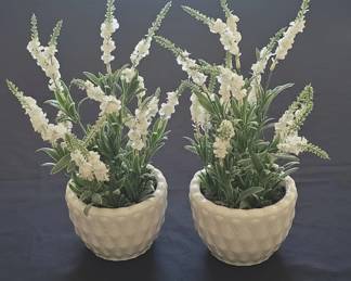 Pair of White Ceramic Textured Planters with Artificial Snapdragon and Obedient Plant Stems