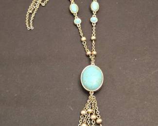 Boho Turquoise and Gold Tone Tassel Lariat Necklace