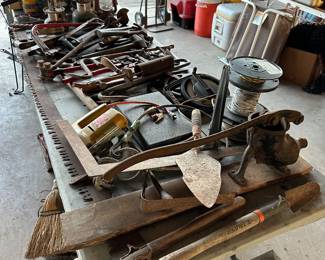 Hand held tools, saws, shovels, yard, antique grinders, sausage stuffer