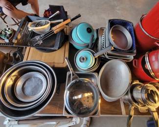 Cooking pot, pans, mixing bowls, camping, BBQ, baking, utensils, grill, cutting boards