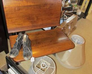 antique restored school desk (2) and ATQ shoes.