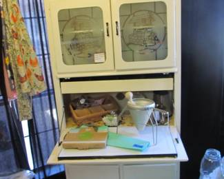 ATQ Hoosier style kitchen cabinet with frosted glass and lots of storage