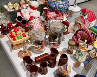 Vintage cookie jars, funny shot glasses, and vintage Christmas