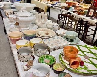 Serving dishes, mustard cup, soup bowls, and other kitchen items