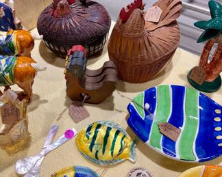 Vintage lidded chicken baskets & fish plates