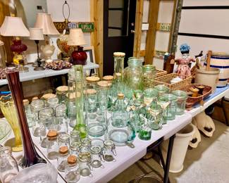 Vases and lots of Italian green glass jars and canisters