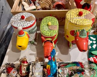 Vintage and modern Christmas ornaments, dog treat / cookie jars