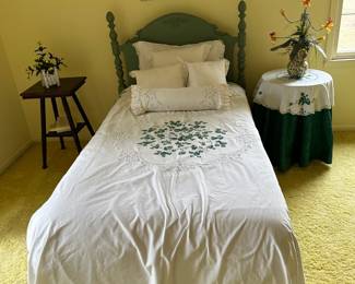 Early 1900s Headboard & Frame with Hand Painted Bedspread
