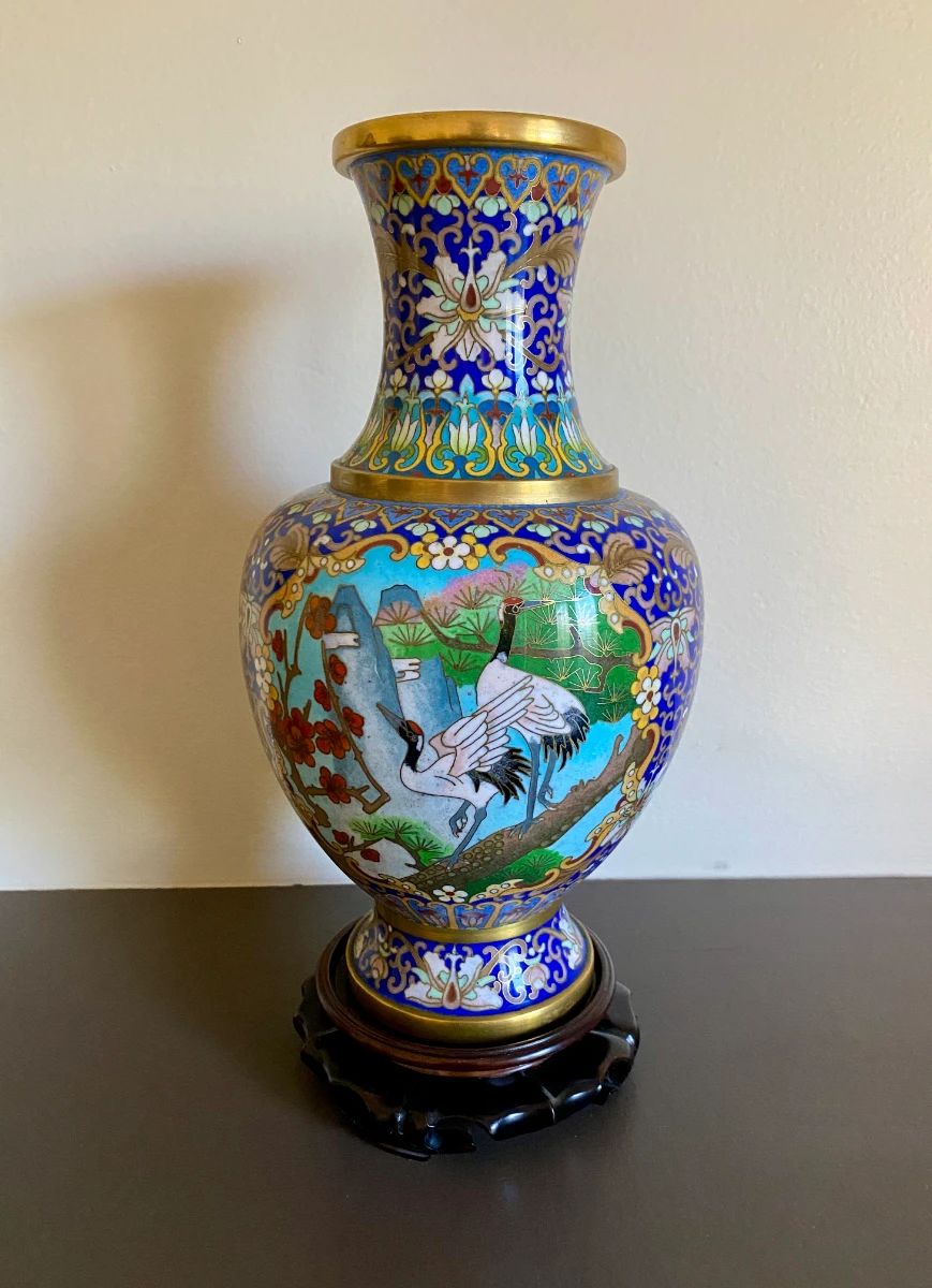 Cranes w/ Asian Motifs Cloisoneé Vase (2)