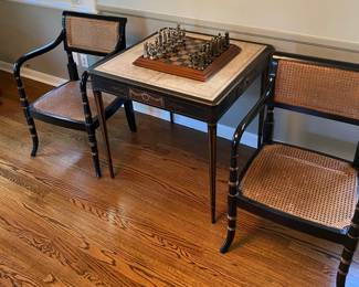Regency Style Game Table w/ Ebonized Cane Armchairs
