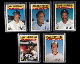 1986 Topps MLB AllStar Lot 5 Cards. Mattingly, Brett, Winfield, Henderson, Ripken.