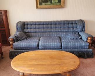 Vintage Sofa with Wood Arm Accents and a Wood Coffee Table w/ Queen Anne Legs
