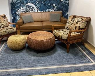 WGG356 Sofa, Tropical Rattan Chairs, Round Coffees Table With Blue Area Rug, and Throw Pillows