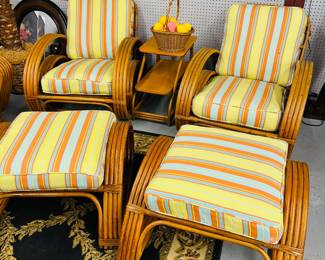 Four strand mid-century modern chairs, ottomans, and table