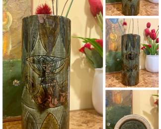 Vintage Japanese Otagiri incised pottery vase 