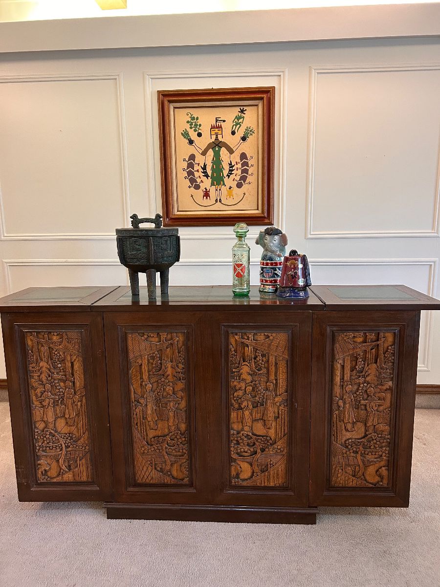 hand carved teakwood folding dry bar