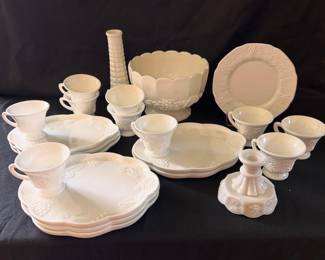 MILK GLASS snack plate set, more