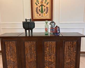 hand carved teakwood folding dry bar