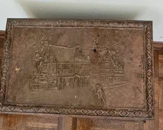 Antique Embossed Brass Coal Scuttle/Box with Tudor House and Pastoral Scenes