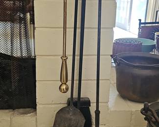 Vintage Brass and Black Metal Fireplace Tool Set with Ball and Spindle Handles