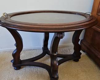 Antique Victorian Mahogany Tray Table with Hand-Painted Floral Glass Top
