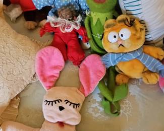 Assorted Plush Toys: Curious George, Kermit the Frog, Garfield, Clown, and Bunny