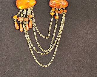 Vintage Amber and Gold Tone Chain Brooch