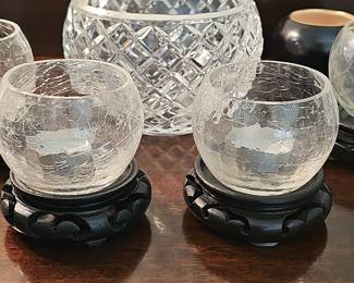 Set of 4 Crackle Glass Votive Holders with Large Cut Crystal Bowl