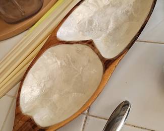 Monkey Pod Wood Divided Serving Bowl with Mother of Pearl Inlay