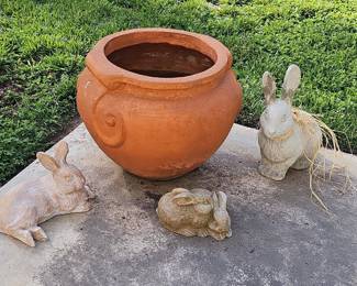 Terracotta Planter with Three Concrete Bunny Figurines