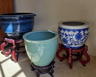 Set of Three Ceramic Planters with Carved Wooden Stands