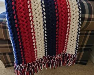Hand-Crocheted Red, White, and Blue Striped Throw Blanket