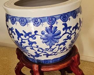 Oriental Furniture Warehouse Blue and White Porcelain Fish Bowl with Wooden Stand