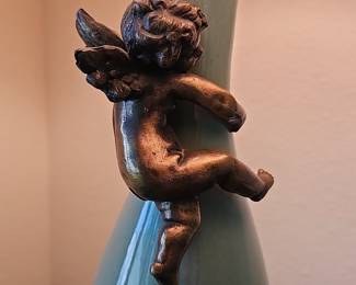 Vintage Jade Green Ceramic Table Lamp with Cherub Figurine