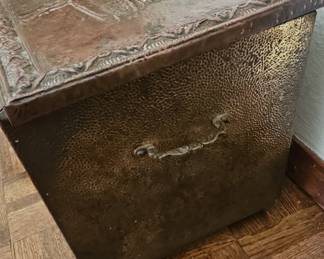 Antique Embossed Brass Coal Scuttle/Box with Tudor House and Pastoral Scenes