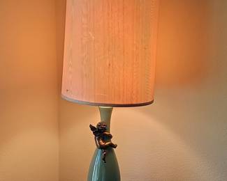 Vintage Jade Green Ceramic Table Lamp with Cherub Figurine