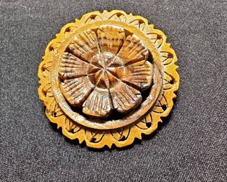 Carved Wood Floral Rosette Brooch