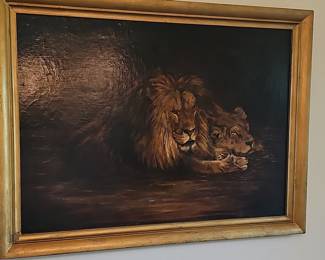 Oil Painting of Lion and Lioness by Geza Vastagh