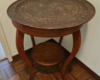 Antique Brass Tray Top Side Table with Peacock Motif