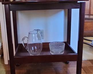 Vintage Bombay Company Mahogany Drop-Leaf Bar Cart with Crystal Decanter and Glasses