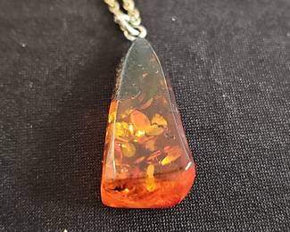 Amber and Gold Tone Pendant Necklace