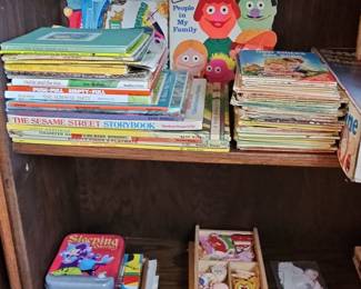 Collection of Vintage Children's Books, including Sesame Street titles, and a Sleeping Queens tin game
