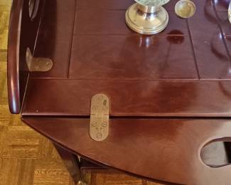 Vintage Bombay Company Mahogany Drop-Leaf Bar Cart with Crystal Decanter and Glasses