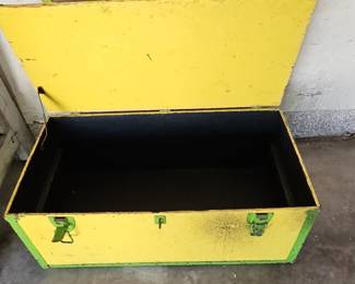 Vintage Yellow Wooden Storage Trunk with Handwritten Markings